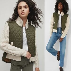 Veronica Beard Olive Quilted Vest with Ivory Knit Sleeves